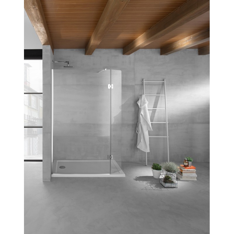 WALK-IN SG3 Parete doccia fissa + volet per Box Doccia cm 98+30 finitura acciaio inox, trasparente 8 mm (misura 98+30 h.200)