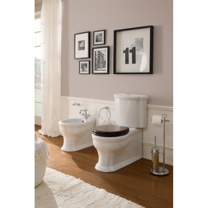 CASTELLANA vaso monoblocco + cassetta + bidet a terra con coprivaso in legno