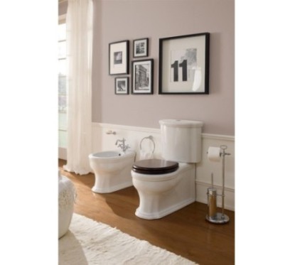 CASTELLANA vaso monoblocco + cassetta + bidet a terra con coprivaso in legno