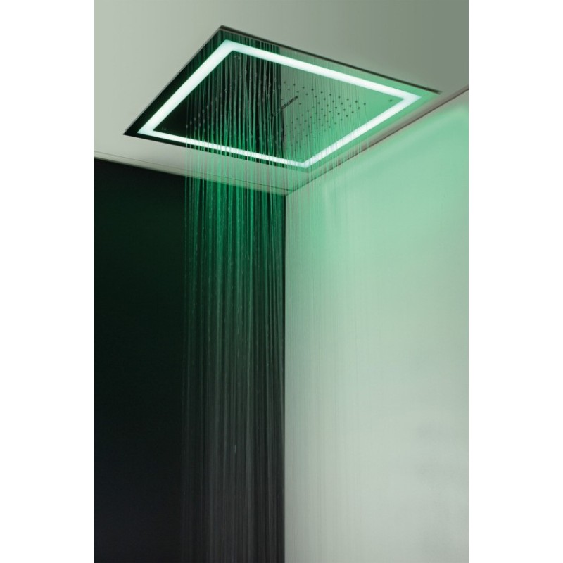 SQUARE Soffione ad incasso quadro 580x580 getto pioggia + cascata + nebbia + cornice LED in acciaio inox finitura super mirror