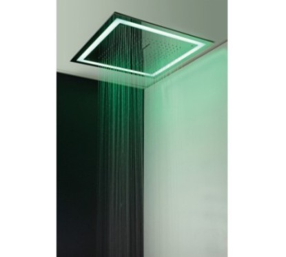 SQUARE Soffione ad incasso quadro 580x580 getto pioggia + cascata + nebbia + cornice LED in acciaio inox finitura super mirror