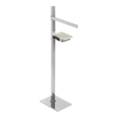 BASIC Piantana in ottone cromato con porta salviette Lungh.25 cm. + portasapone in vetro resina nero