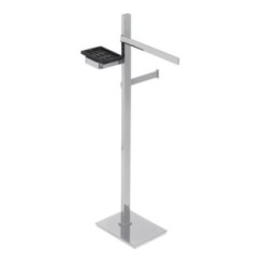 BASIC Piantana in ottone cromato con porta salviette Lungh.25 cm. + porta rotolo + porta sapone in vetro resina bianco