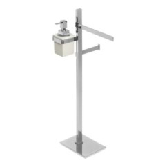 BASIC Piantana in ottone cromato con porta salviette Lungh.25 cm. + porta rotolo + porta dosatore in vetro resina bianco