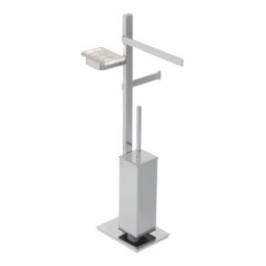 BASIC Piantana in ottone cromato con porta salviette Lungh.25 cm. + porta rotolo e scopino + porta sapone in vetro resina nero