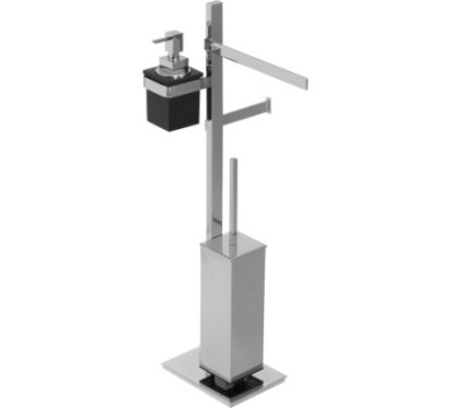 BASIC Piantana ottone cromato con porta salviette Lungh.25 cm. + porta rotolo e scopino + porta dosatore in vetro resina nero