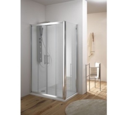 KAMA DOOR Porta 2 ante scorrevoli + 2 ante fisse finitura cromo 145 cm trasparente (misura 140/145 h.195)