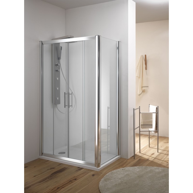 KAMA DOOR Porta 2 ante scorrevoli + 2 ante fisse finitura argento satinato 175 cm trasparente (misura 170/175 h.195)