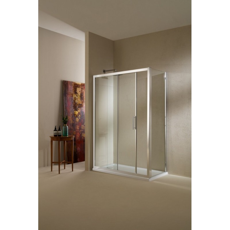 PLANAS Porta 1 anta scorrevole + 1 anta fissa finitura argento satinato 134 cm trasparente (misura 130/134 h.195)