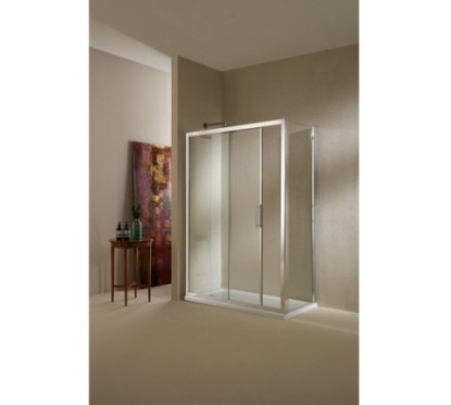 PLANAS Porta 1 anta scorrevole + 1 anta fissa finitura argento satinato 159 cm trasparente (misura 155/159 h.195)