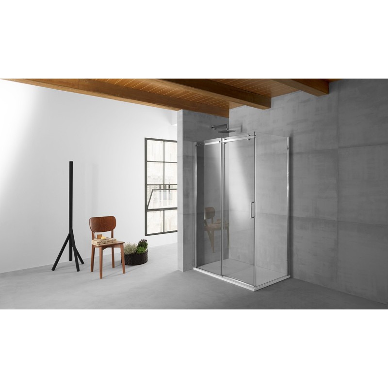 QUBO Box doccia Angolare fix+porta scorrevole cm 79x149 finitura acciaio inox (misura 77/79-147/149 h.195)