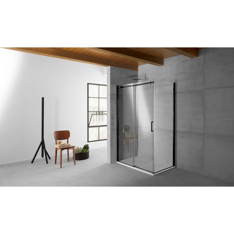 QUBO Box doccia Angolare fix+porta scorrevole cm 90x160 finitura nero opaco (misura 87/90-157/160 h.195)