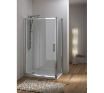 WAKO DOOR Porta 1 anta scorrevole + 1 anta fissa finitura argento satinato 115 cm trasparente (misura 110/115 h.195)