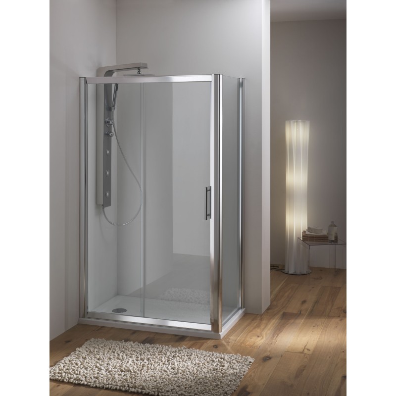 WAKO DOOR Porta 1 anta scorrevole + 1 anta fissa finitura cromo 150 cm trasparente (misura 145/150 h.195)