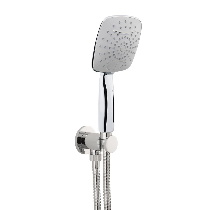 Presa acqua con supporto, flessibile e doccetta due getti finitura cromo