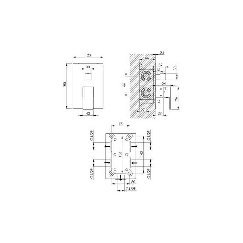 AQUARELAX miscelatore CUBE rubinetto bagno doccia incasso 3 vie monoleva monocomando cromo quadrato tre uscite