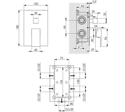 AQUARELAX miscelatore CUBE rubinetto bagno doccia incasso 3 vie monoleva monocomando cromo quadrato tre uscite