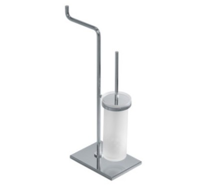 ZENITH Porta scopino cilindrico d’appoggio in vetro acidato con porta rotolo, base rettangolare