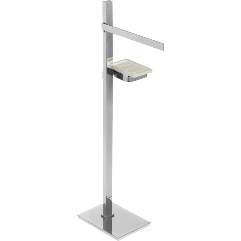 BASIC Piantana in ottone cromato con porta salviette Lungh.25 cm. + portasapone in vetro resina bianco