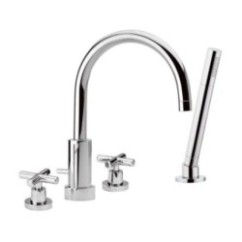 JAX Batteria bordo vasca quattro fori con canna, deviatore e doccetta in ottone finitura cromo