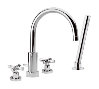 JAX Batteria bordo vasca quattro fori con canna, deviatore e doccetta in ottone finitura cromo