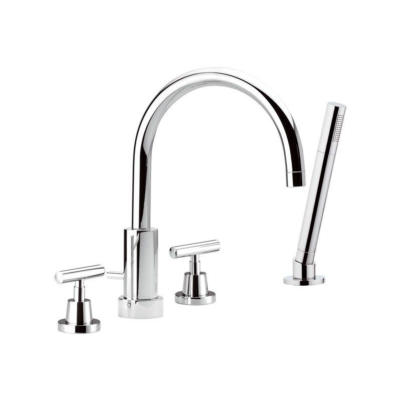 TILLY Batteria bordo vasca quattro fori con canna, deviatore e doccetta in ottone finitura cromo