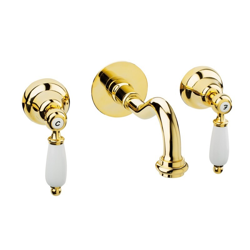 QUEEN Batteria lavabo a muro con canna mm 160 finitura cromo oro