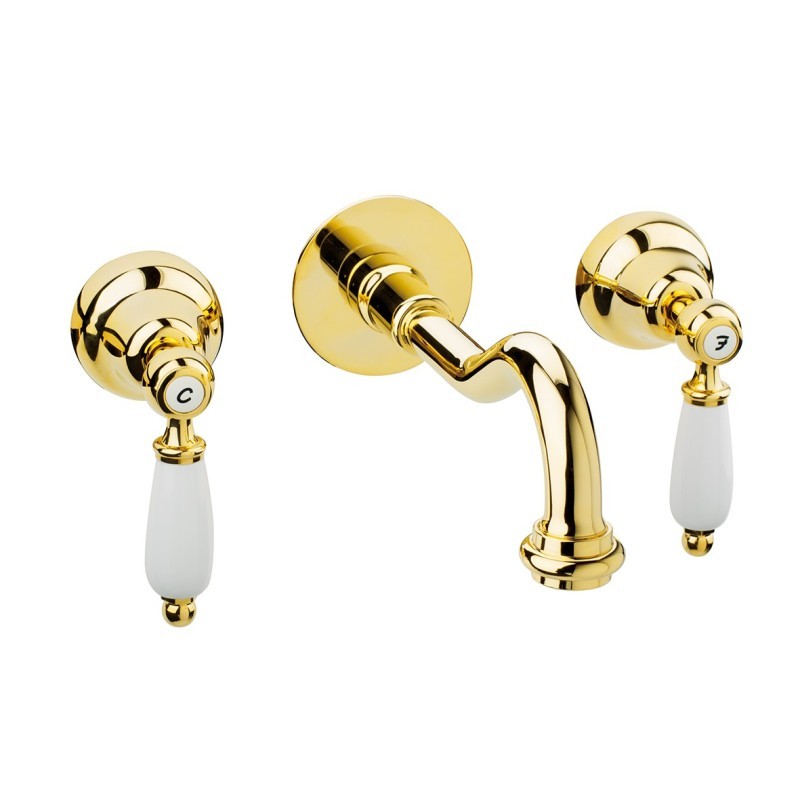 QUEEN Batteria lavabo a muro con canna mm 200 finitura cromo oro