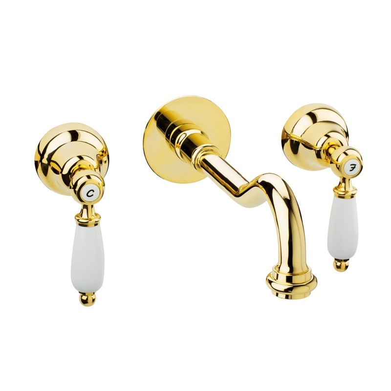 QUEEN Batteria lavabo a muro con canna mm 250 finitura cromo oro