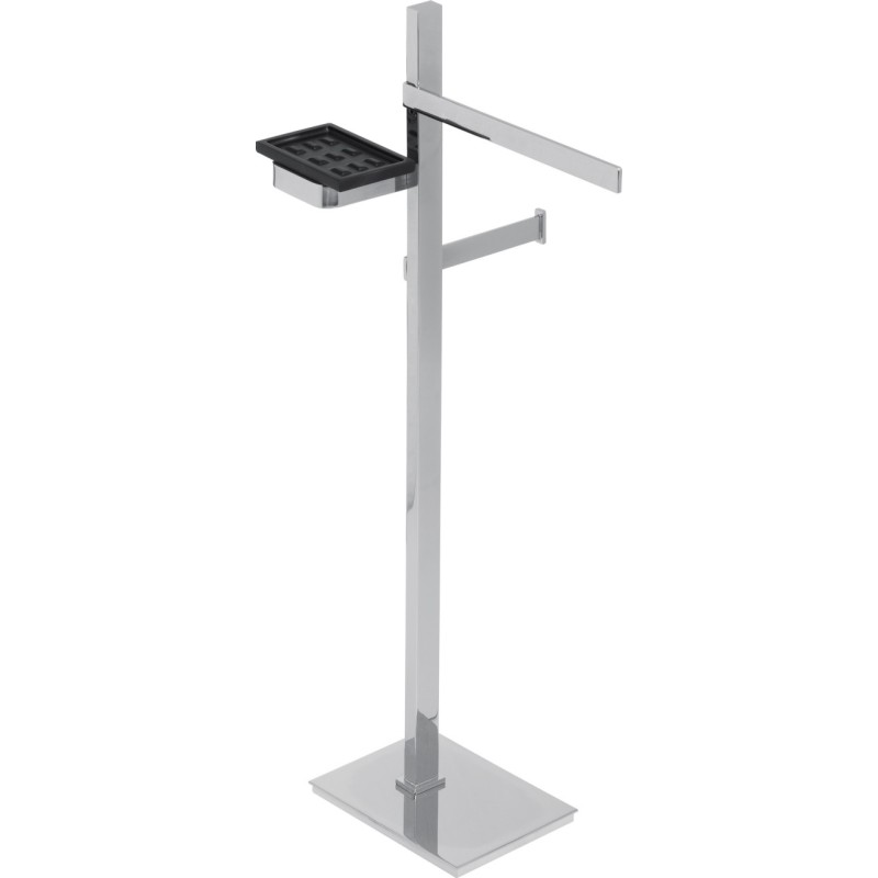 BASIC Piantana in ottone cromato con porta salviette Lungh.25 cm. + porta rotolo + porta sapone in vetro resina bianco