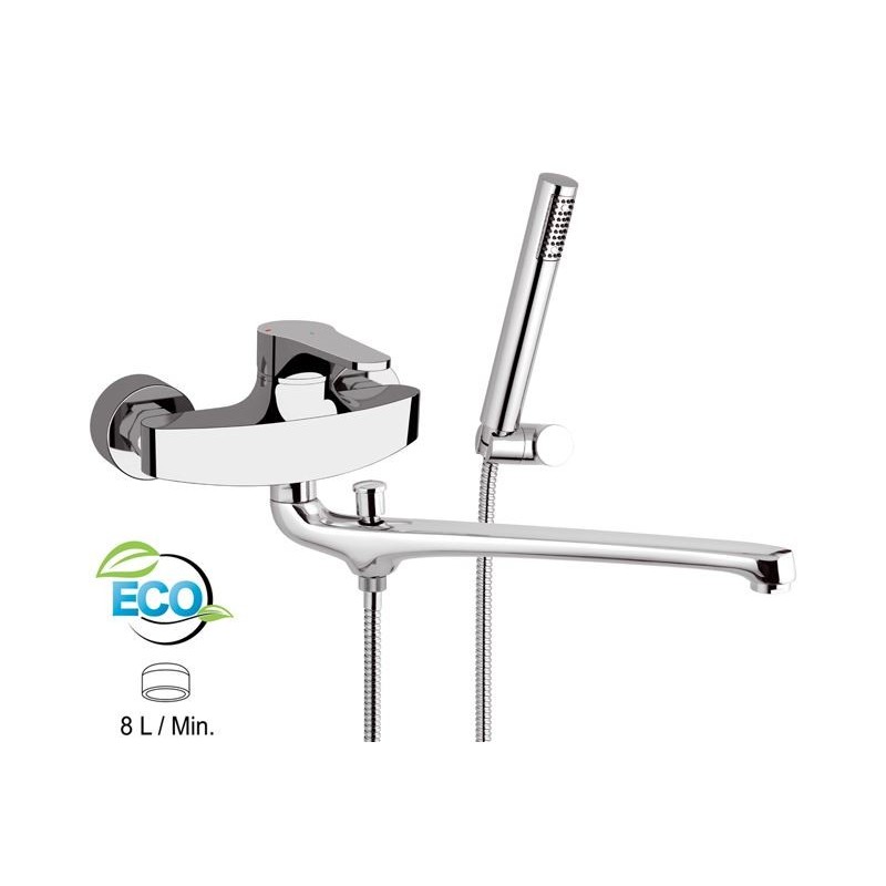 OMEGA ECO Miscelatore lavabo/vasca con canna fusa lunga e con deviatore con kit doccia finitura cromo