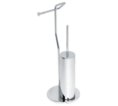 DUEMILA PLUS Porta scopino di appoggio cilindrico in ottone cromato con porta rotolo