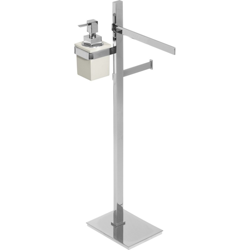 BASIC Piantana in ottone cromato con porta salviette Lungh.25 cm. + porta rotolo + porta dosatore in vetro resina bianco