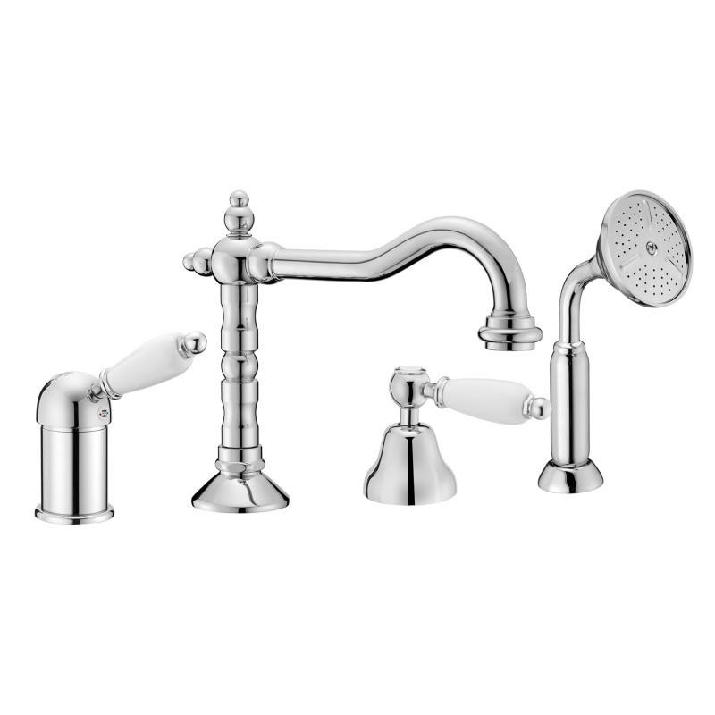 NEW OLD Batteria monocomando bordo vasca quattro fori con deviatore e bocca finitura cromo