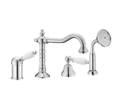 NEW OLD Batteria monocomando bordo vasca quattro fori con deviatore e bocca finitura cromo