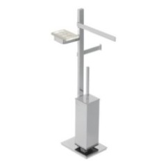 BASIC Piantana ottone cromato con porta salviette Lungh.25 cm. + porta rotolo e scopino + porta sapone in vetro resina bianco