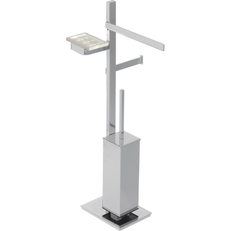 BASIC Piantana ottone cromato con porta salviette Lungh.25 cm. + porta rotolo e scopino + porta sapone in vetro resina bianco