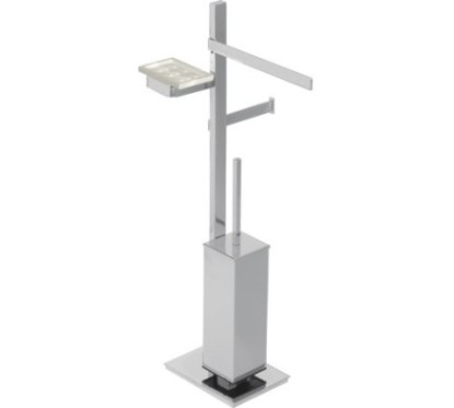 BASIC Piantana ottone cromato con porta salviette Lungh.25 cm. + porta rotolo e scopino + porta sapone in vetro resina bianco