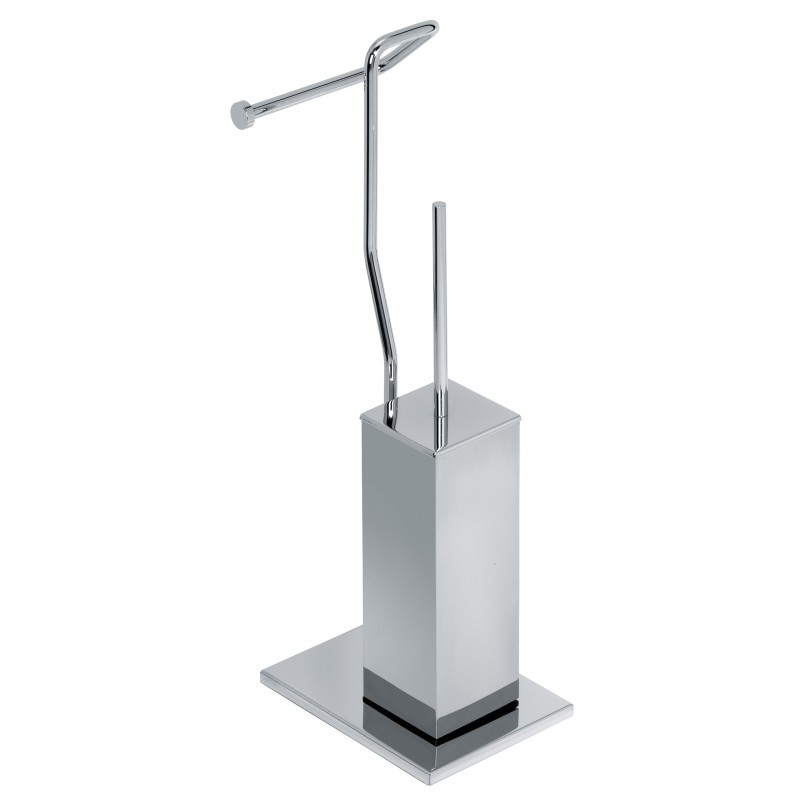 DUEMILA PLUS Porta scopino di appoggio quadrato in ottone cromato con porta rotolo