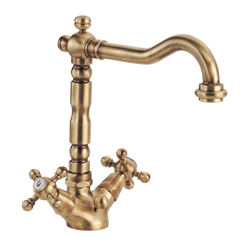 OLD FASHION Monoforo lavabo bocca girevole con scarico finitura ottone lucido