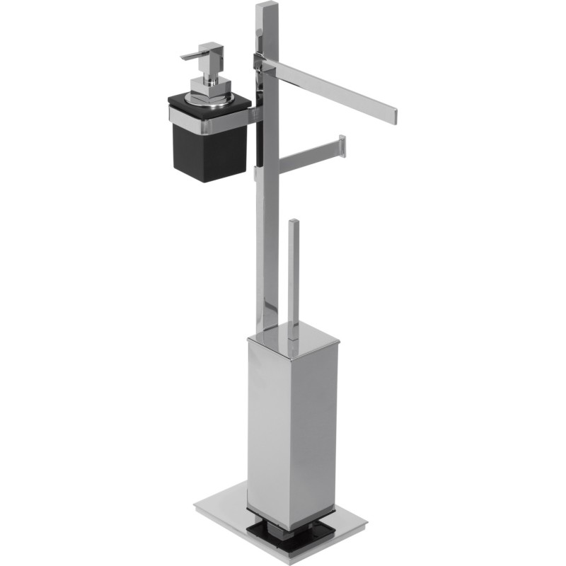 BASIC Piantana ottone cromato con porta salviette Lungh.25 cm. + porta rotolo e scopino + porta dosatore in vetro resina bianco