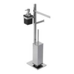 BASIC Piantana ottone cromato con porta salviette Lungh.25 cm. + porta rotolo e scopino + porta dosatore in vetro resina nero