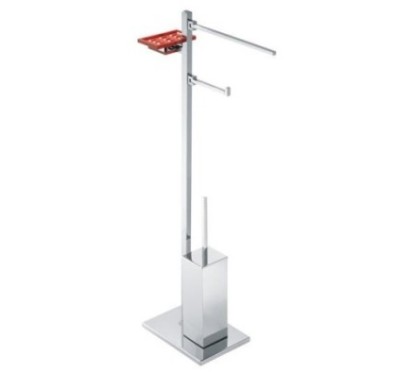 CUBE Piantana con elementi mobili - porta salvietta + porta rotolo e scopino in ottone cromato + porta sapone -