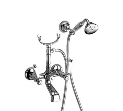 LOTUS Gruppo vasca esterno con kit doccia e duplex, doccetta con impugnatura bianca finitura vecchio bronzo