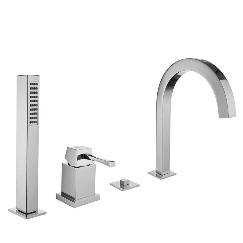 EOS Batteria monocomando bordo vasca quattro fori con deviatore e bocca finitura cromo