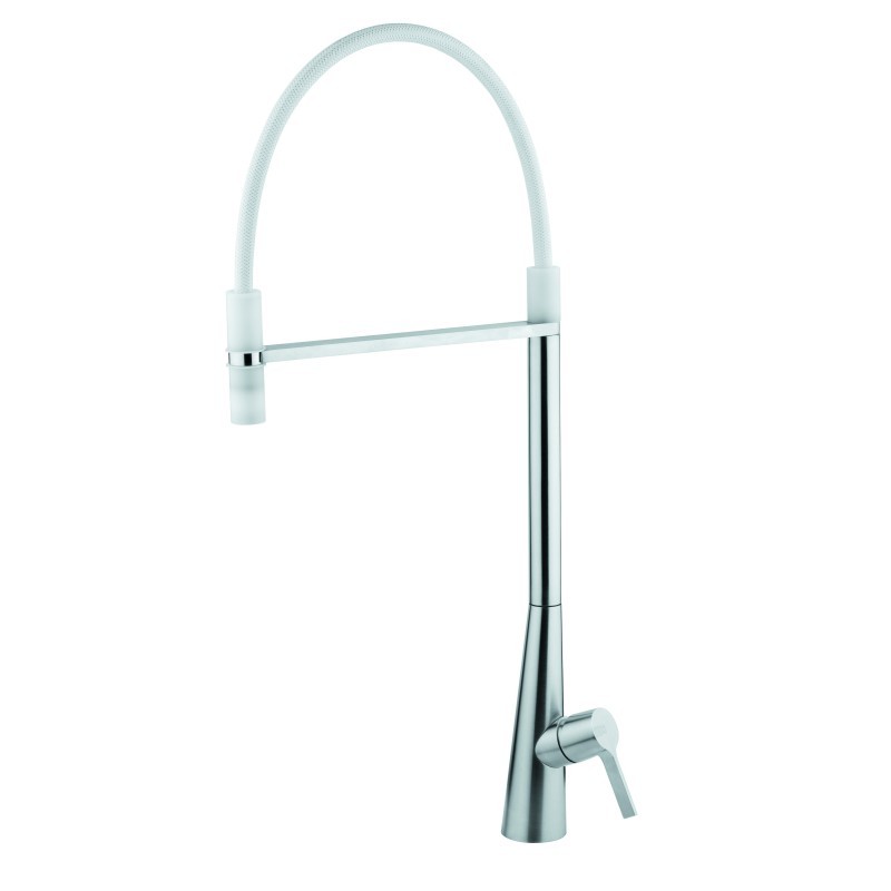INOX Miscelatore cucina in acciaio inox con canna girevole con flessibile bianco finitura acciaio spazzolato