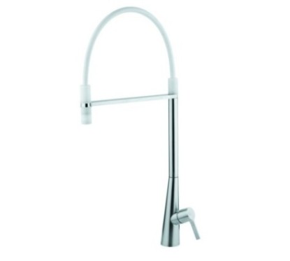 INOX Miscelatore cucina in acciaio inox con canna girevole con flessibile bianco finitura acciaio spazzolato