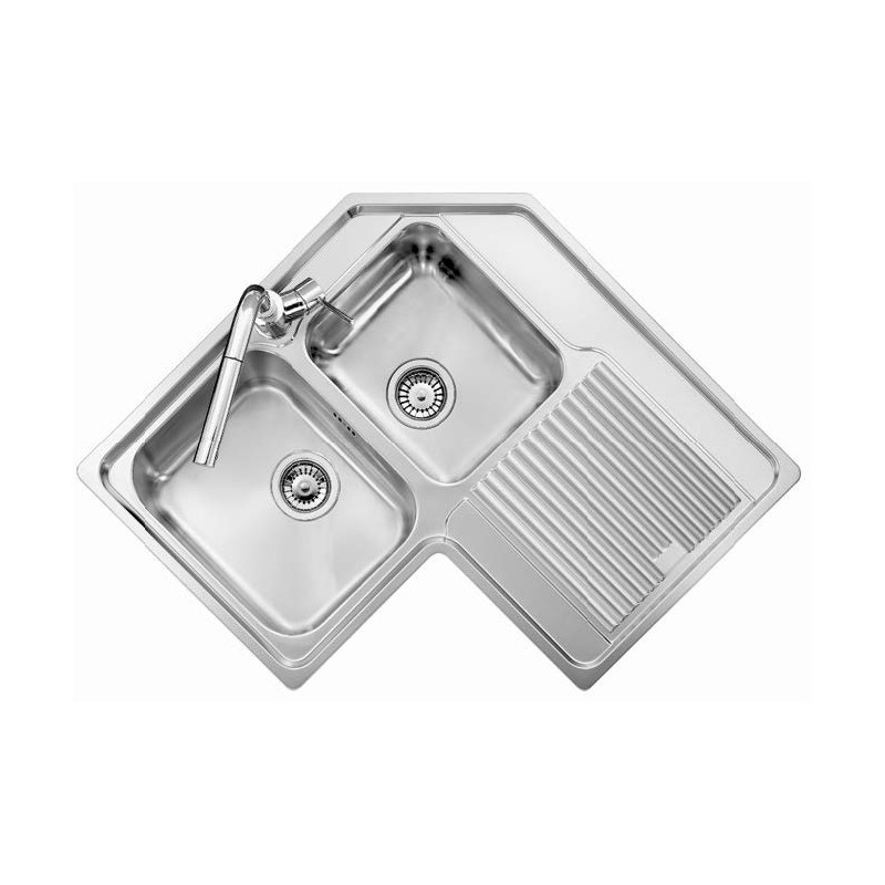 VINTAGE Lavello in acciaio inox angolare a due vasche più scolapiatti SX finitura satinato