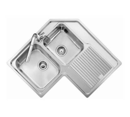 VINTAGE Lavello in acciaio inox angolare a due vasche più scolapiatti SX finitura satinato