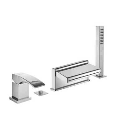 LASER Batteria monocomando bordo vasca quattro fori con deviatore e bocca getto piatto finitura cromo